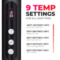 TYMO RING PLUS hair straightener with 9 temp settings from 120°C to 210°C for all hair types.