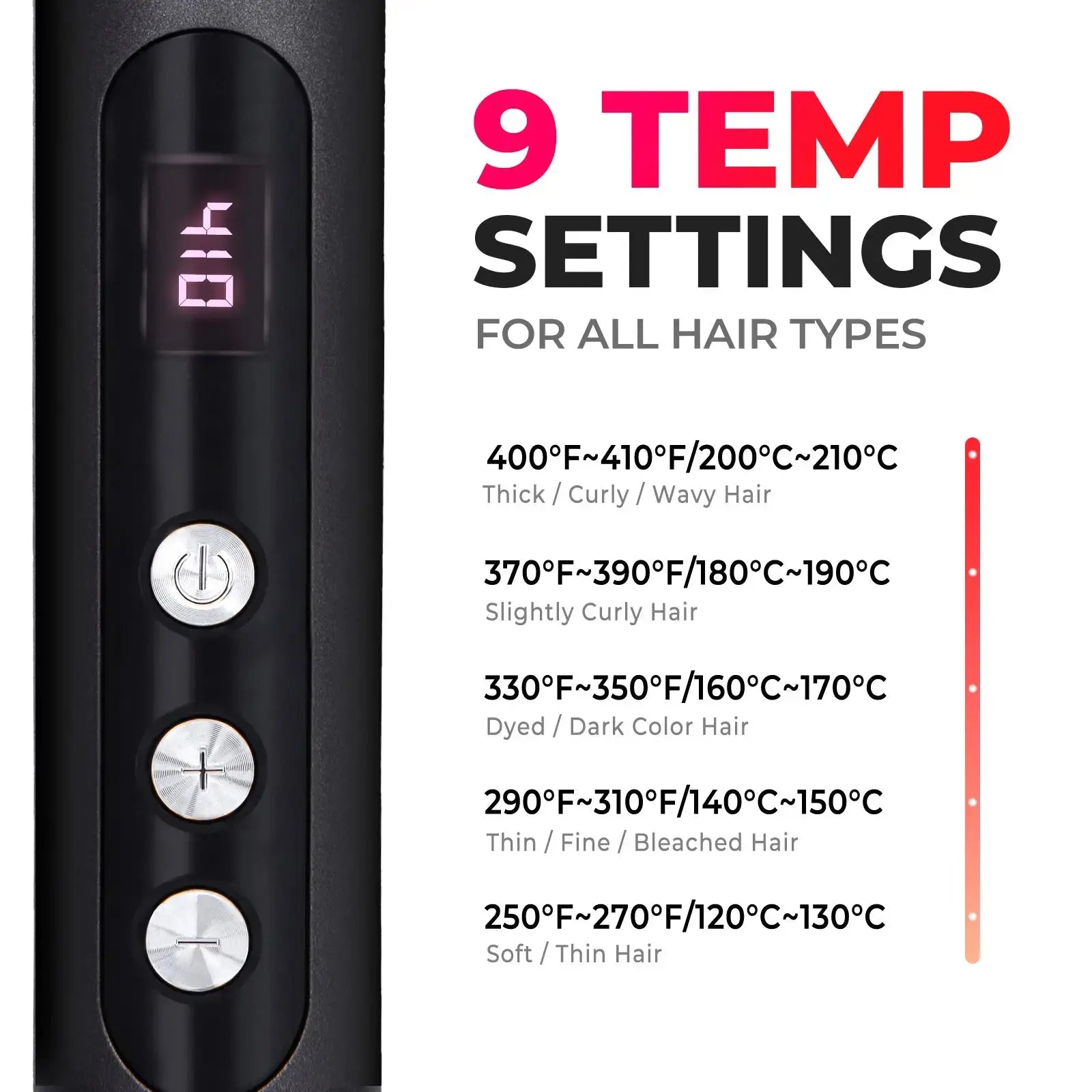 TYMO RING PLUS hair straightener with 9 temp settings from 120°C to 210°C for all hair types.