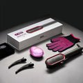 TYMO RING PLUS straightener for hair with packaging, heat-resistant glove, clips, travel case, charging base.