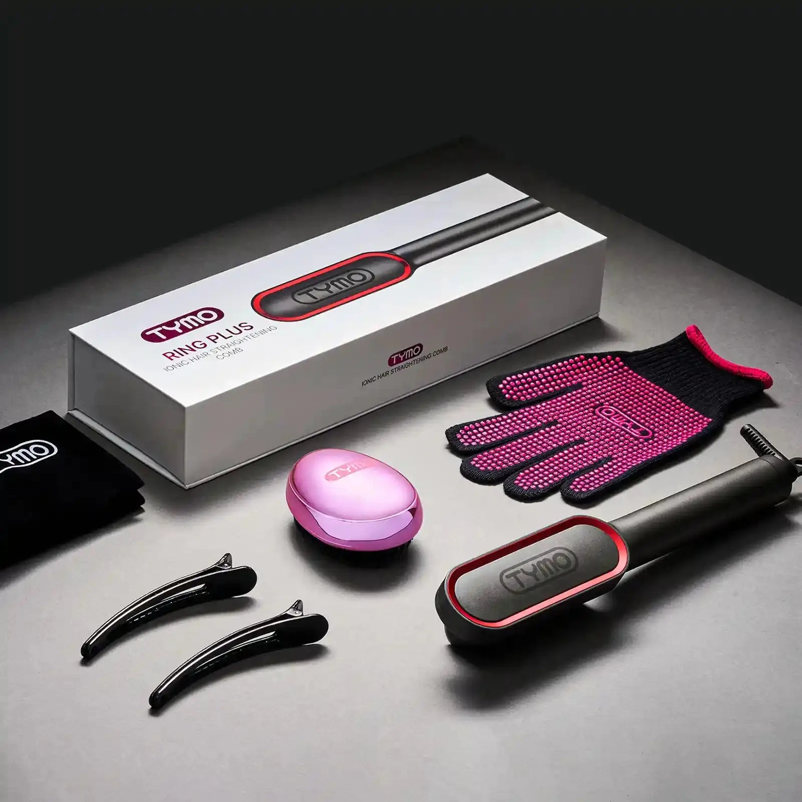 TYMO RING PLUS straightener for hair with packaging, heat-resistant glove, clips, travel case, charging base.